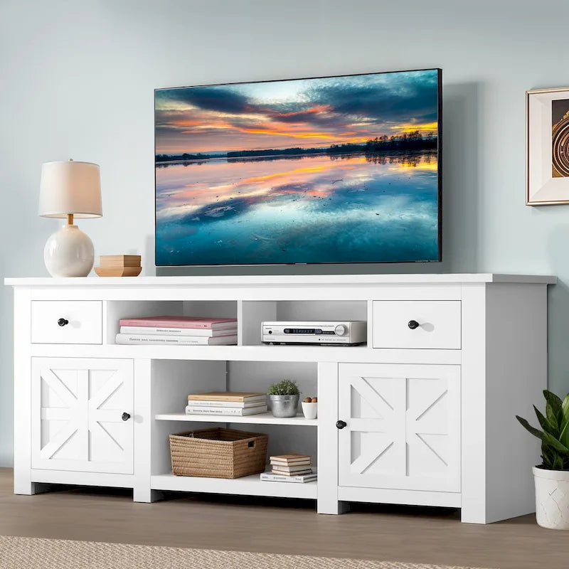 Meuble TV de ferme de 70 po, centre de divertissement avec prise de courant pour téléviseurs jusqu'à 80 po - 70L x 15.5W x 30H