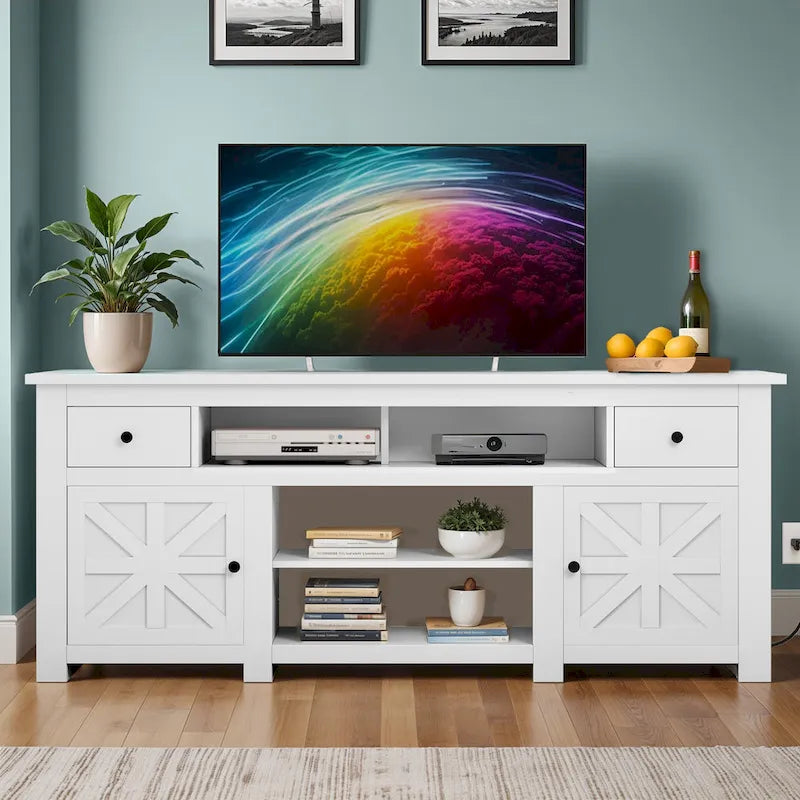 Meuble TV de ferme de 70 po, centre de divertissement avec prise de courant pour téléviseurs jusqu'à 80 po - 70L x 15.5W x 30H