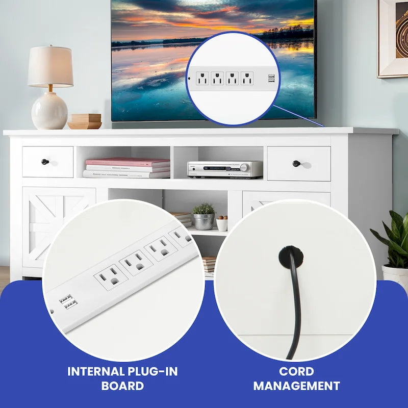 Meuble TV de ferme de 70 po, centre de divertissement avec prise de courant pour téléviseurs jusqu'à 80 po - 70L x 15.5W x 30H
