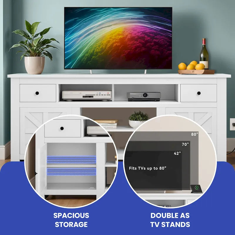 Meuble TV de ferme de 70 po, centre de divertissement avec prise de courant pour téléviseurs jusqu'à 80 po - 70L x 15.5W x 30H