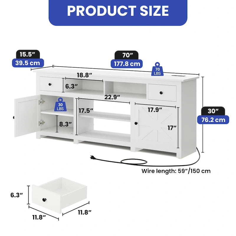Meuble TV de ferme de 70 po, centre de divertissement avec prise de courant pour téléviseurs jusqu'à 80 po - 70L x 15.5W x 30H