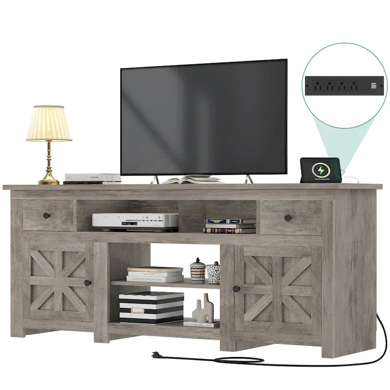 Meuble TV de ferme de 70 po, centre de divertissement avec prise de courant pour téléviseurs jusqu'à 80 po - 70L x 15.5W x 30H