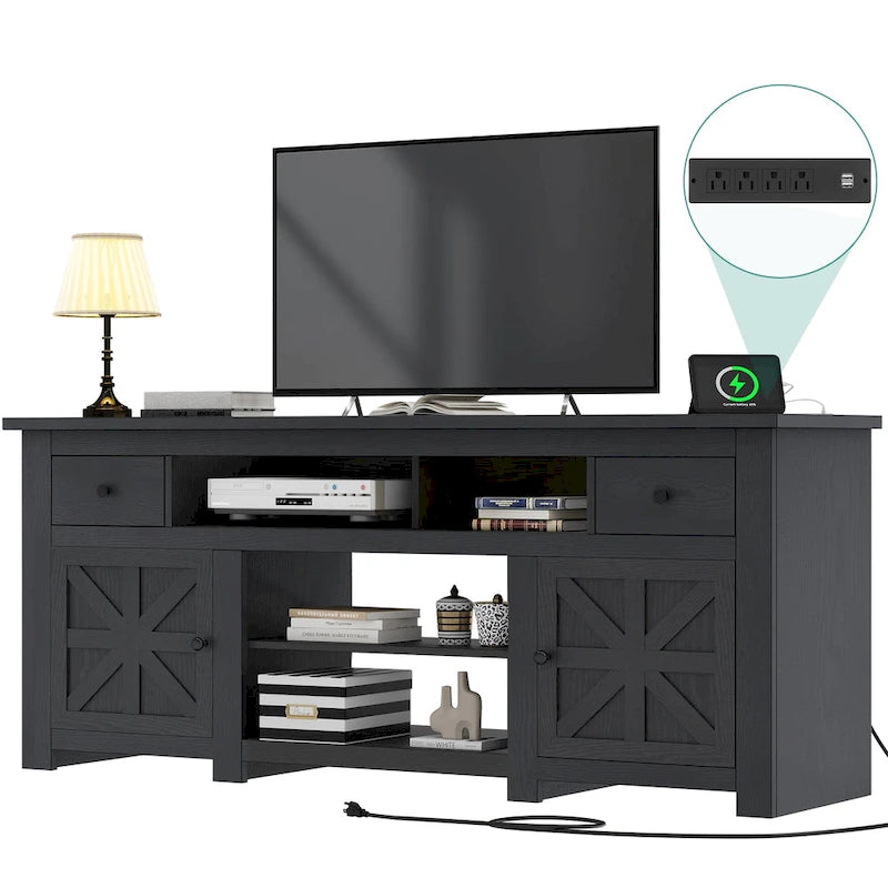 Meuble TV de ferme de 70 po, centre de divertissement avec prise de courant pour téléviseurs jusqu'à 80 po - 70L x 15.5W x 30H