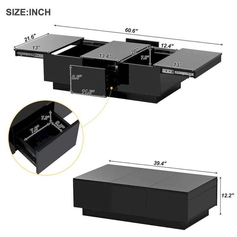 Table basse multifonctionnelle extensible, table de canapé, table à cocktail avec 2 compartiments de rangement cachés