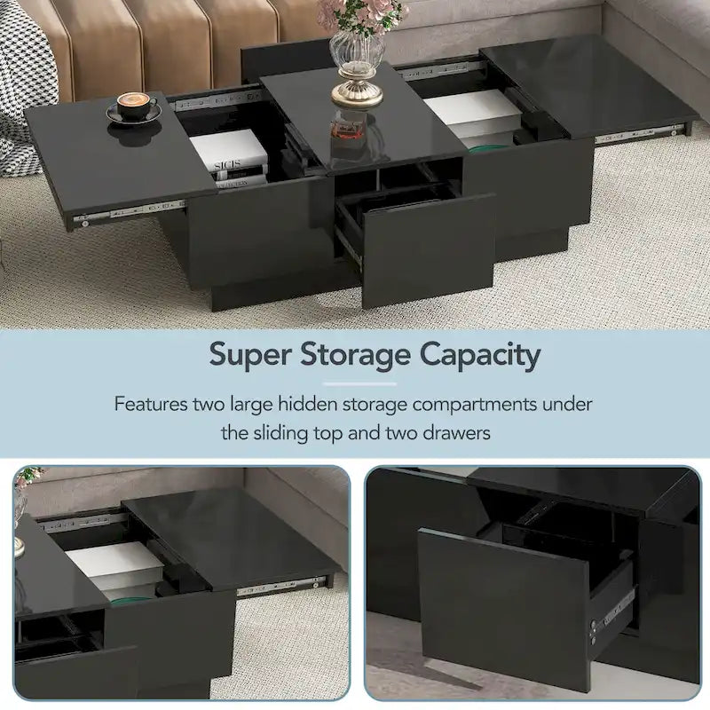 Table basse multifonctionnelle extensible, table de canapé, table à cocktail avec 2 compartiments de rangement cachés