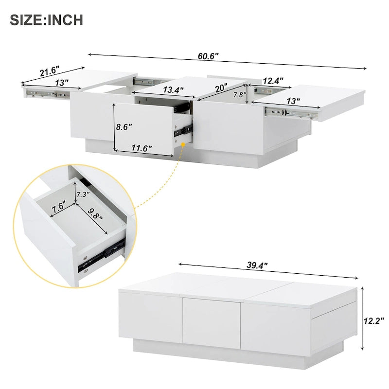 Table basse multifonctionnelle extensible, table de canapé, table à cocktail avec 2 compartiments de rangement cachés