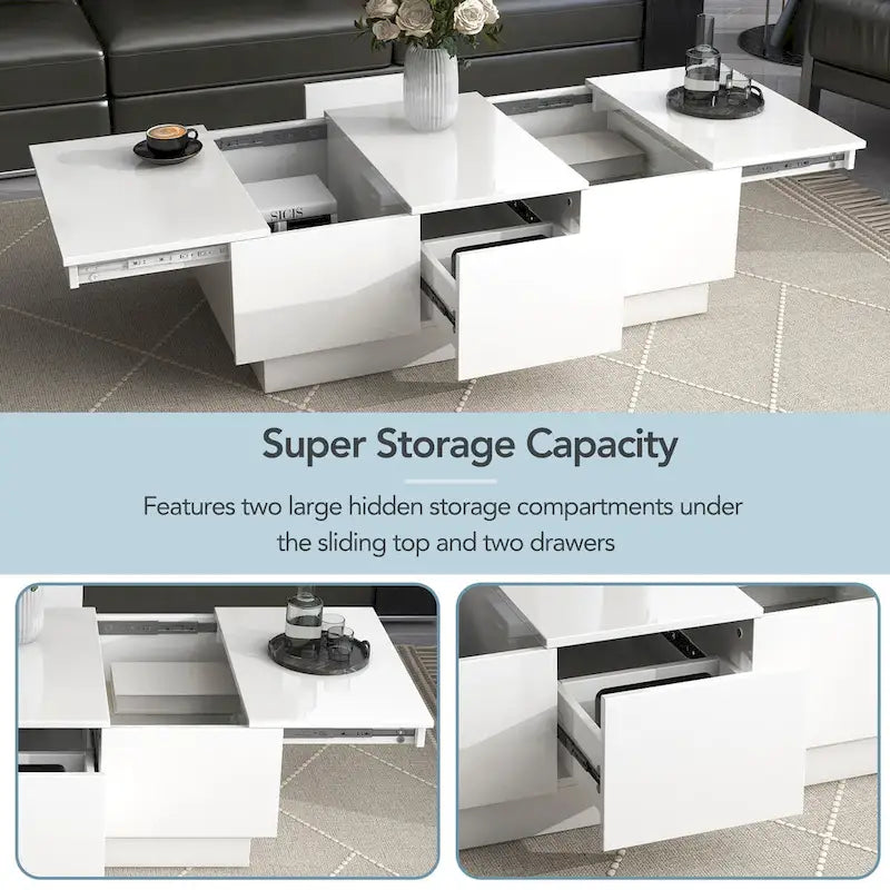 Table basse multifonctionnelle extensible, table de canapé, table à cocktail avec 2 compartiments de rangement cachés