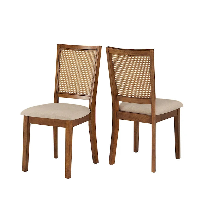 Beige Linen and Rattan Dining Chairs (Set of 2)