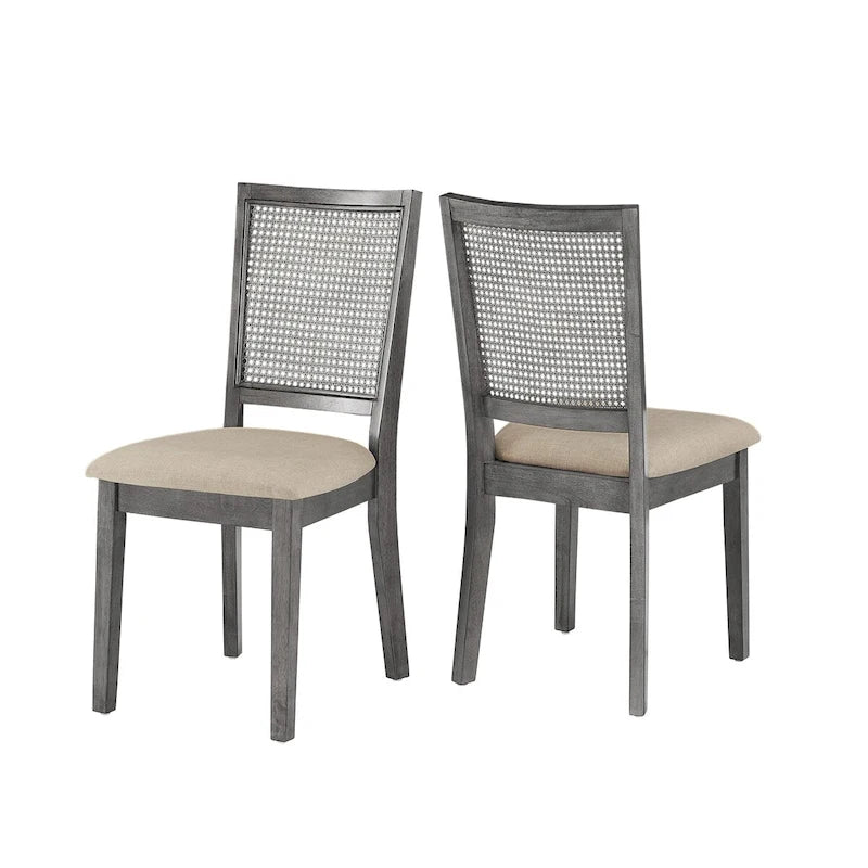 Beige Linen and Rattan Dining Chairs (Set of 2)