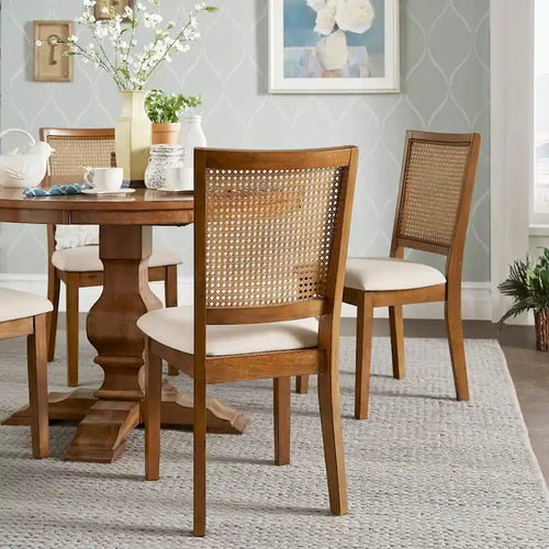 Chaises de salle à manger en lin beige et rotin