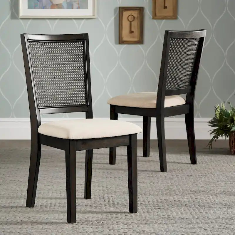 Beige Linen and Rattan Dining Chairs (Set of 2)