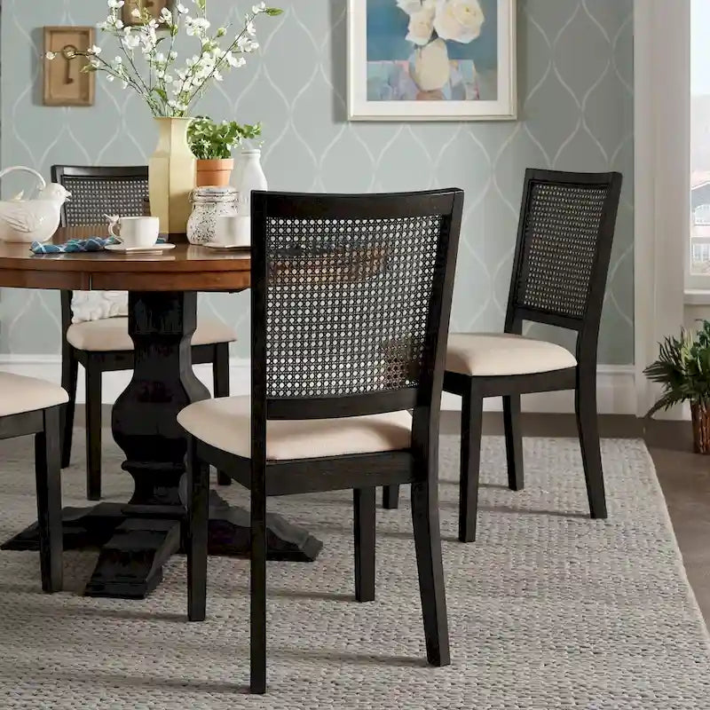 Chaises de salle à manger en lin beige et rotin