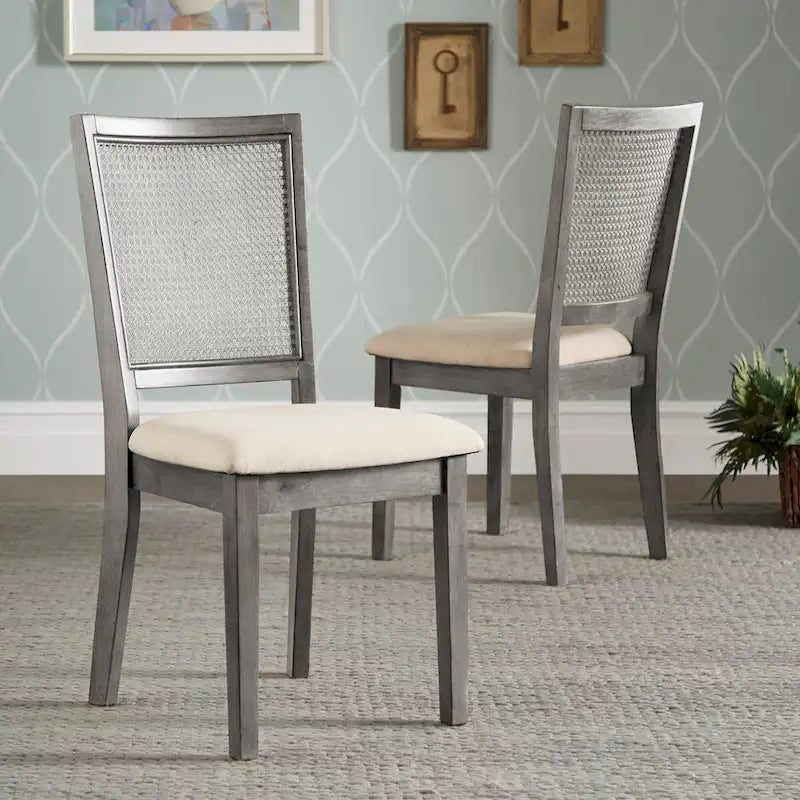 Beige Linen and Rattan Dining Chairs (Set of 2)