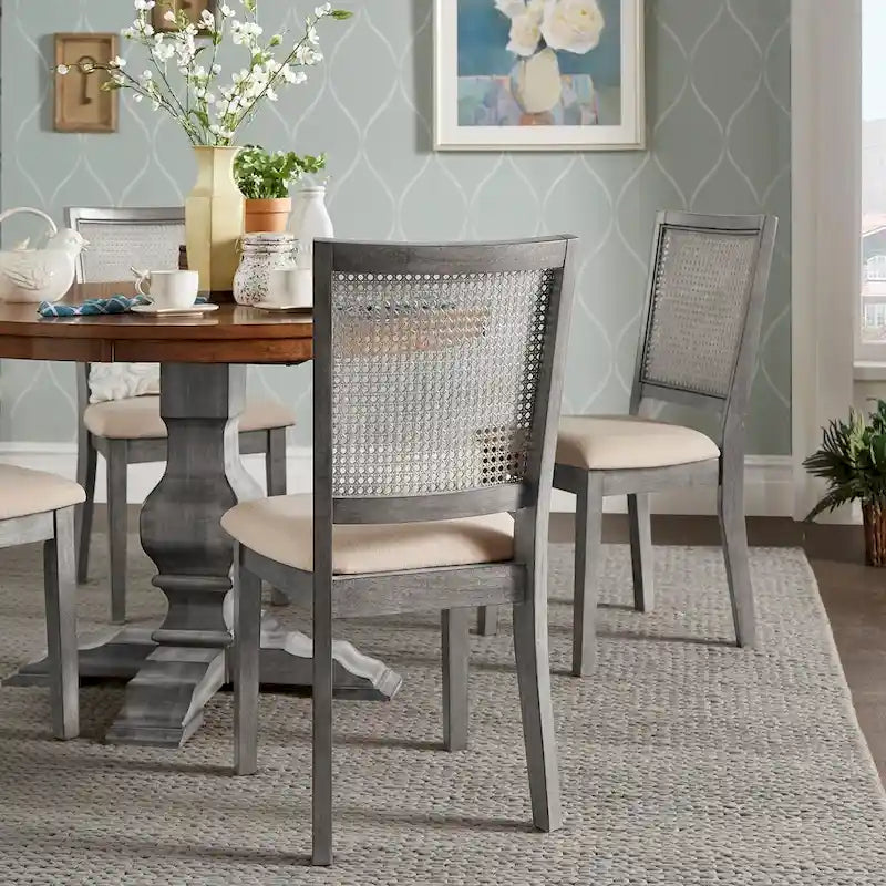 Chaises de salle à manger en lin beige et rotin