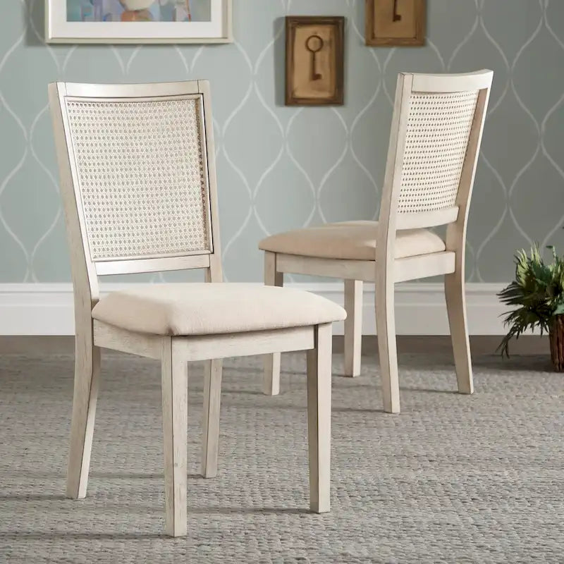 Chaises de salle à manger en lin beige et rotin