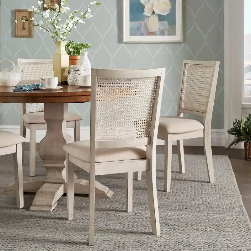 Chaises de salle à manger en lin beige et rotin