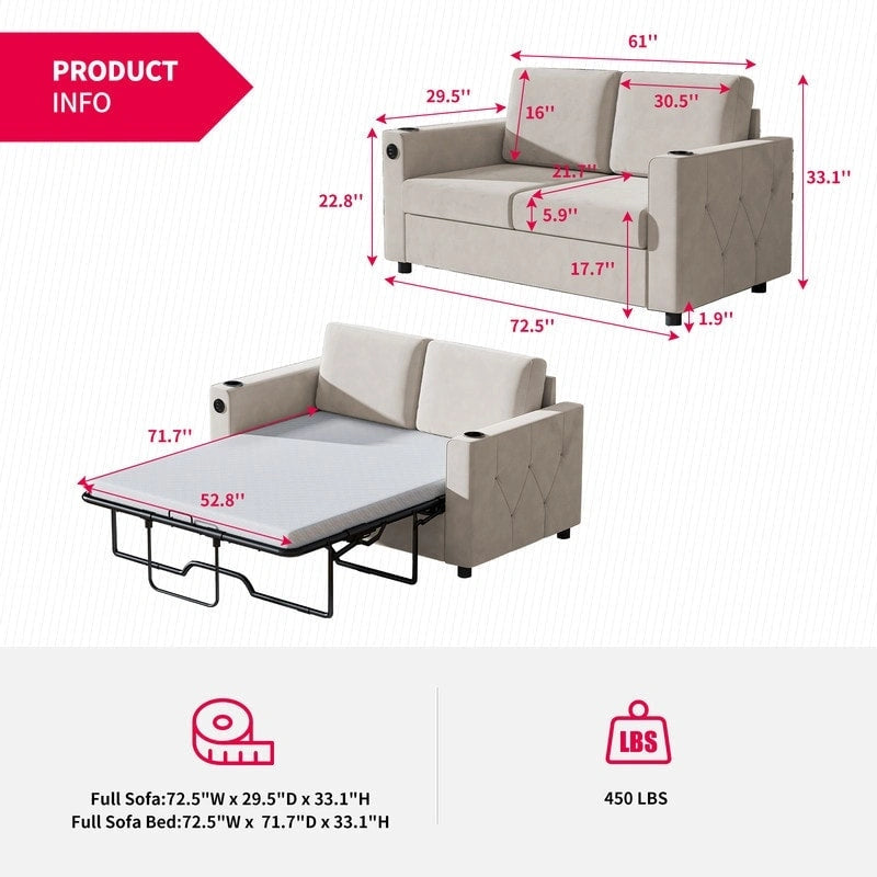 Canapé-lit convertible, canapé-lit avec matelas en mousse à mémoire de forme, porte-gobelet, USB, canapé-lit gigogne