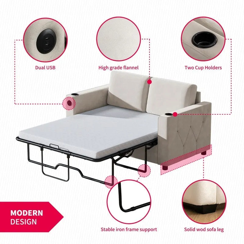 Canapé-lit convertible, canapé-lit avec matelas en mousse à mémoire de forme, porte-gobelet, USB, canapé-lit gigogne