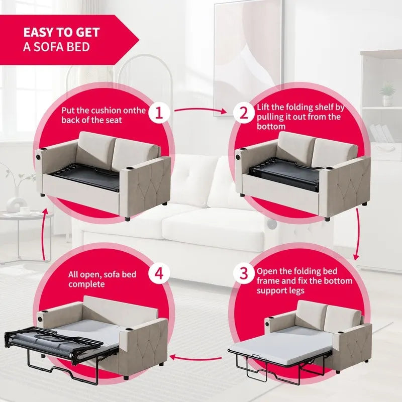 Canapé-lit convertible, canapé-lit avec matelas en mousse à mémoire de forme, porte-gobelet, USB, canapé-lit gigogne