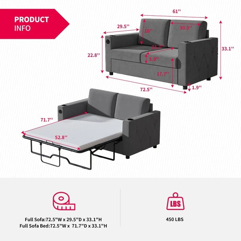 Canapé-lit convertible, canapé-lit avec matelas en mousse à mémoire de forme, porte-gobelet, USB, canapé-lit gigogne