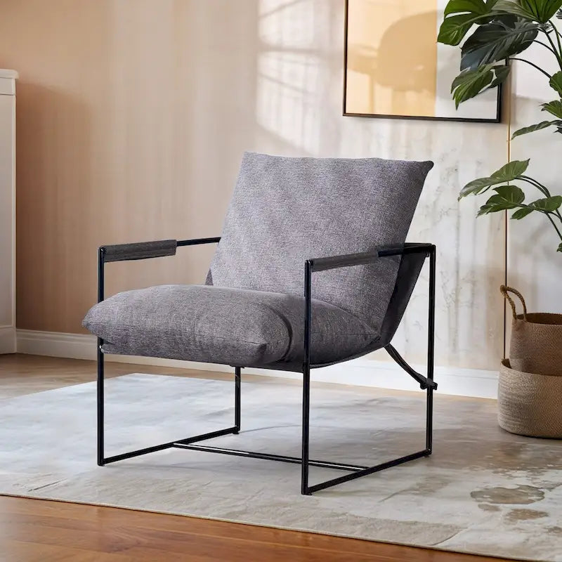 Chaise longue en lin d'intérieur, chaise d'appoint moderne avec deux coussins doux amovibles, chaise de style industriel avec cadre en métal, chaise confortable