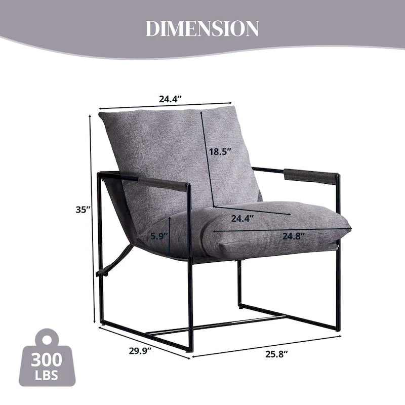 Chaise longue en lin d'intérieur, chaise d'appoint moderne avec deux coussins doux amovibles, chaise de style industriel avec cadre en métal, chaise confortable