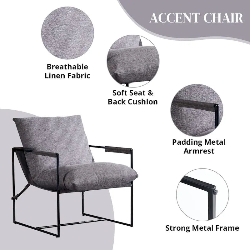 Chaise longue en lin d'intérieur, chaise d'appoint moderne avec deux coussins doux amovibles, chaise de style industriel avec cadre en métal, chaise confortable