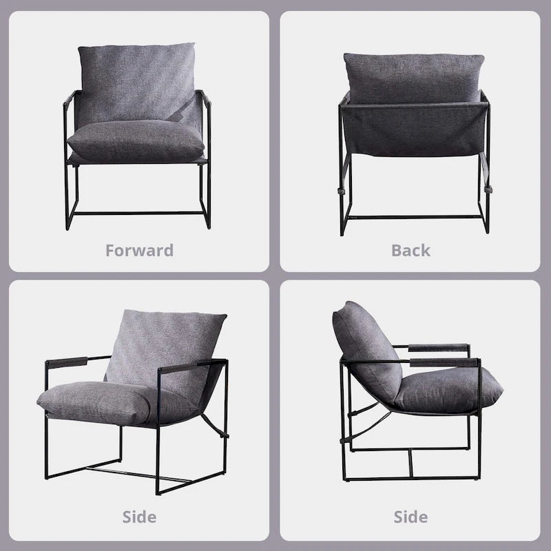 Chaise longue en lin d'intérieur, chaise d'appoint moderne avec deux coussins doux amovibles, chaise de style industriel avec cadre en métal, chaise confortable