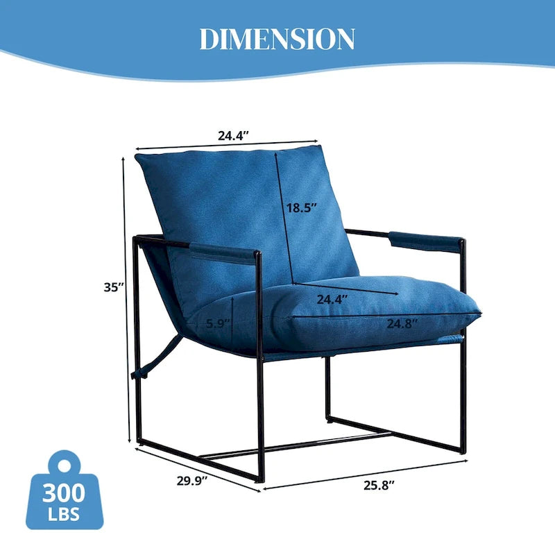 Chaise longue en lin d'intérieur, chaise d'appoint moderne avec deux coussins doux amovibles, chaise de style industriel avec cadre en métal, chaise confortable