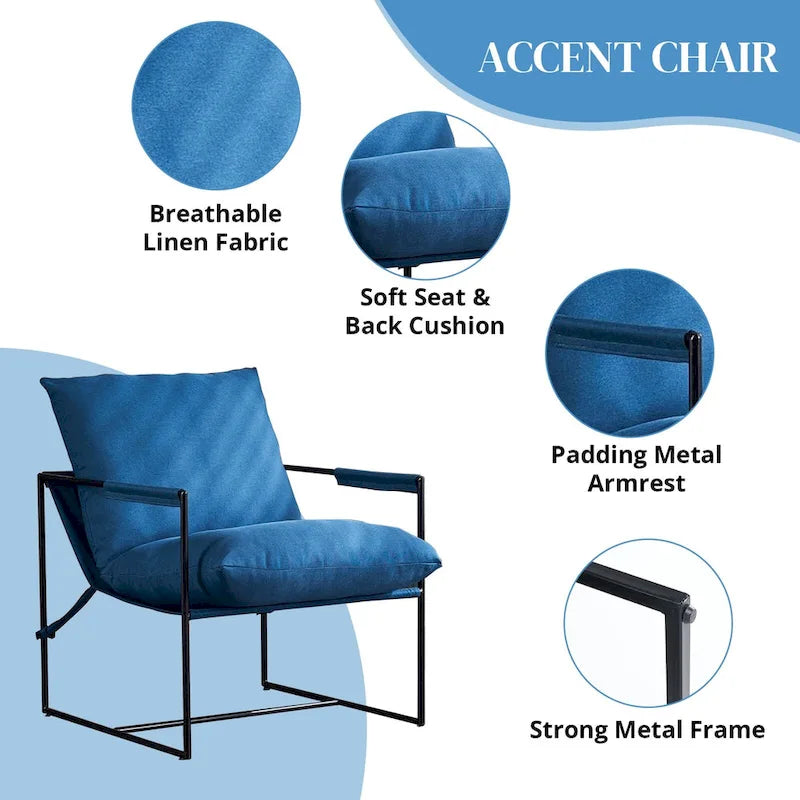 Chaise longue en lin d'intérieur, chaise d'appoint moderne avec deux coussins doux amovibles, chaise de style industriel avec cadre en métal, chaise confortable