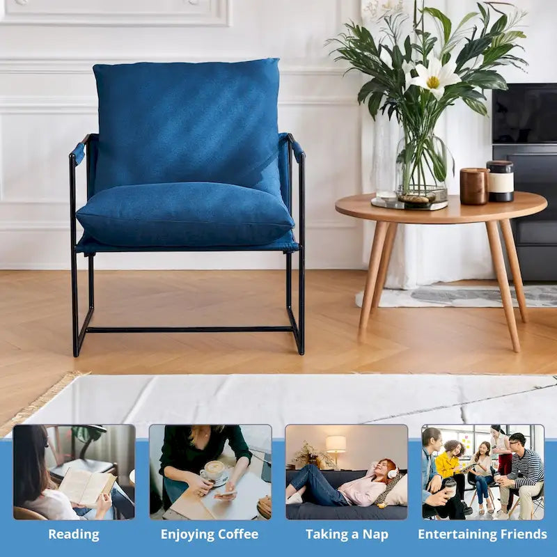 Chaise longue en lin d'intérieur, chaise d'appoint moderne avec deux coussins doux amovibles, chaise de style industriel avec cadre en métal, chaise confortable