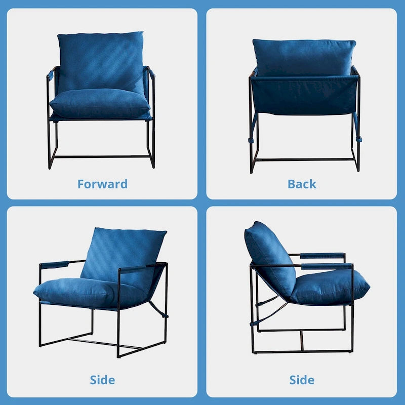 Chaise longue en lin d'intérieur, chaise d'appoint moderne avec deux coussins doux amovibles, chaise de style industriel avec cadre en métal, chaise confortable