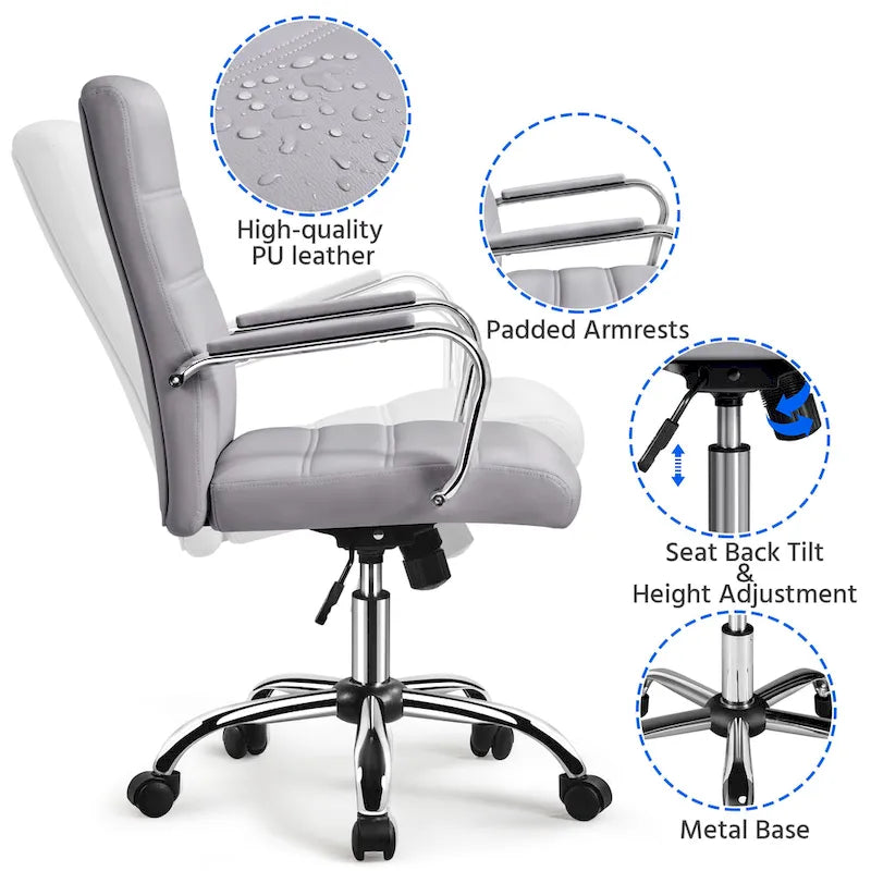 Chaise de bureau pivotante à dossier mi-haut réglable en similicuir