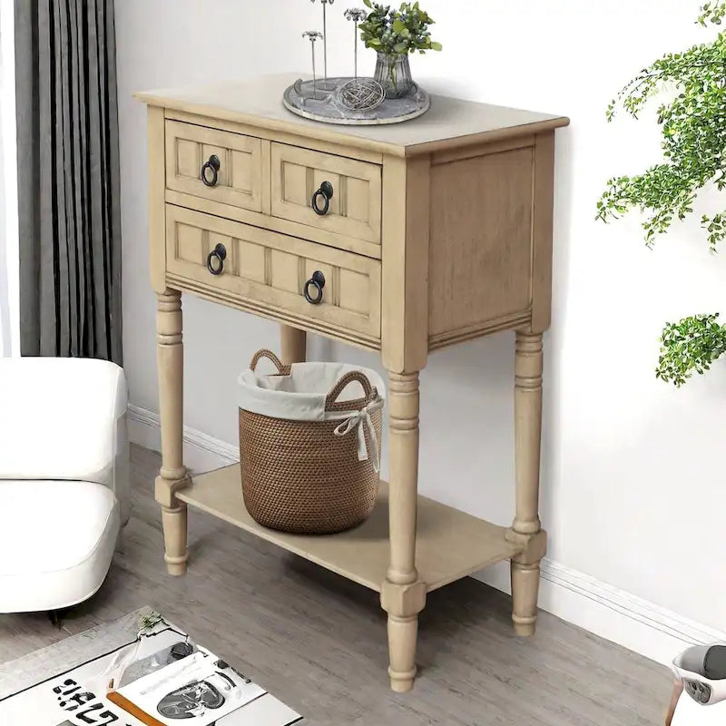 Console avec 3 tiroirs, table d'appoint de canapé avec étagère de rangement inférieure ouverte, table d'entrée robuste pour couloir/salon