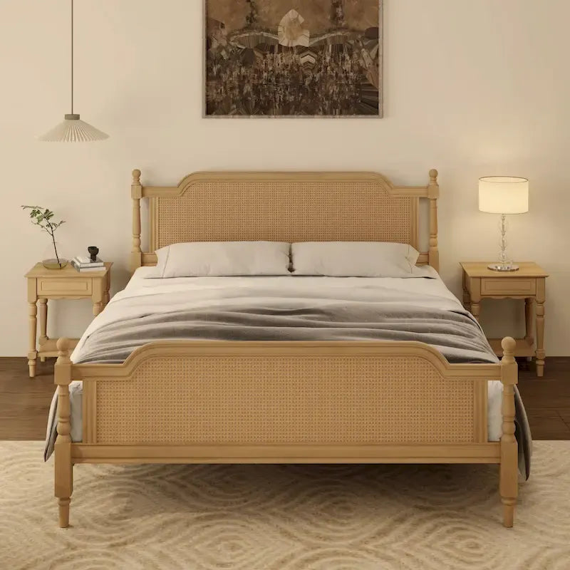 Lit plateforme de style traditionnel avec tête et pied de lit en rotin