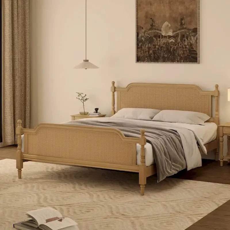 Lit plateforme de style traditionnel avec tête et pied de lit en rotin