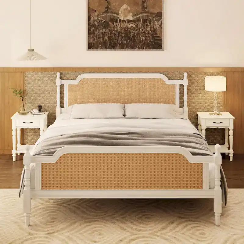 Lit plateforme de style traditionnel avec tête et pied de lit en rotin